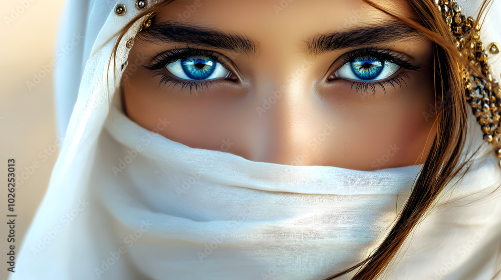 Close-up portrait of a beautiful girl with bright blue eyes which is dressed in a white burqa against the blurred desert background.