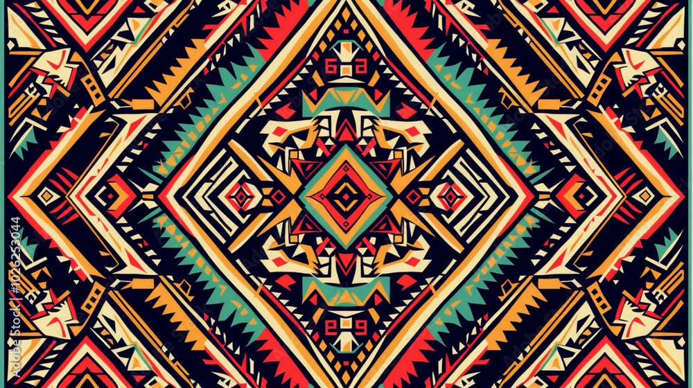Geometric Tribal Pattern: Vivid, intricate, and vibrant, this captivating pattern draws inspiration from ancient tribal art, featuring bold geometric shapes, rich colors. Geometric Tribal Pattern: Vivid, intricate, and vibrant, this captivating pattern draws inspiration from ancient tribal art, featuring bold geometric shapes, rich colors.