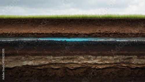 Section of soil with underground water, layers of earth and rocks
 photo