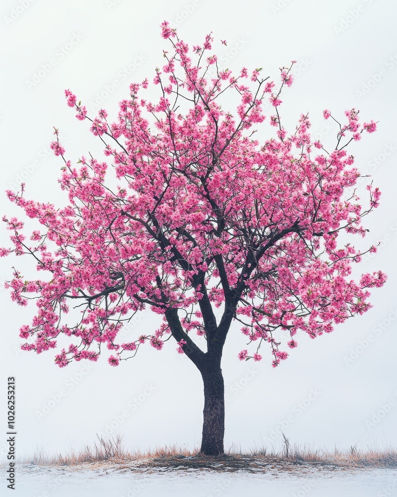Obraz premium A flowering almond tree with pink blossoms and slender branches, isolated on white background 