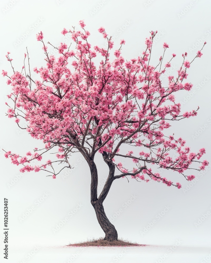 Obraz premium A flowering almond tree with pink blossoms and slender branches, isolated on white background 