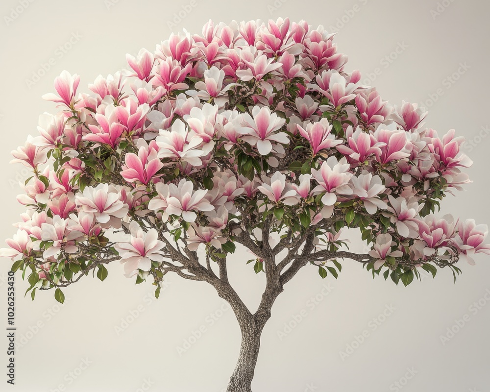 A flowering magnolia tree with white and pink blossoms, isolated on white background A flowering magnolia tree with white and pink blossoms, isolated on white background