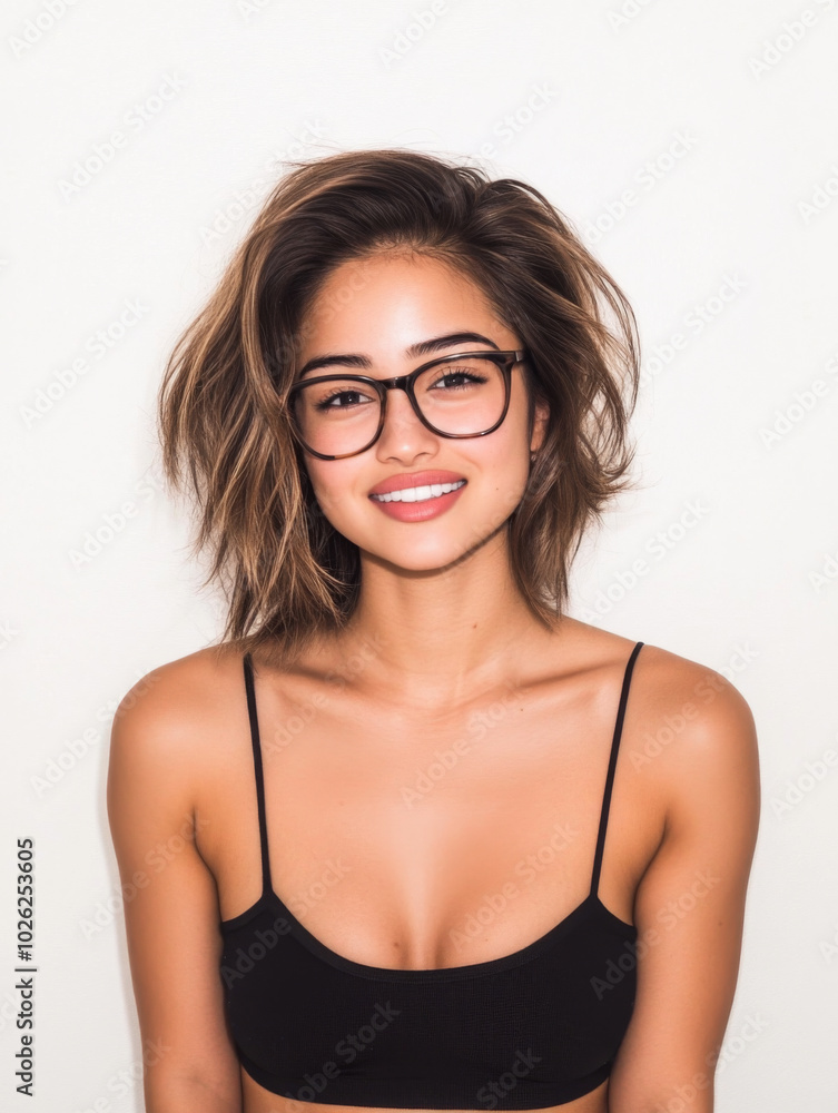 Young woman with glasses smiling warmly against a light background in a casual setting Young woman with glasses smiling warmly against a light background in a casual setting
