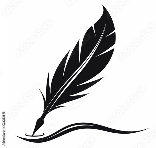 Vector illustration of stationery writing Feather and Ink pen signature, silhouette bird feather Ink quill pen writing curves, and icon.