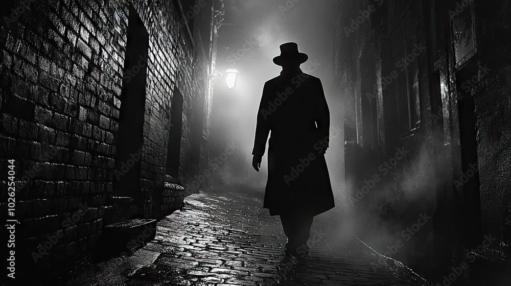 A shadowy figure of a man in a hat walks along a foggy alley, illuminated by streetlight, creating a dramatic and atmospheric scene.