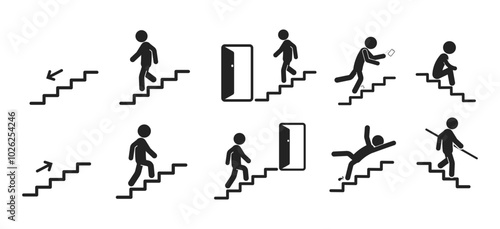 Bundle icon indoor safety stairs sign, arrow direction up and down, use handrail, injury hazard building label 