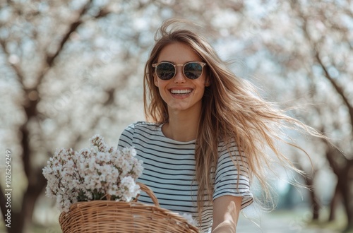 Smiling woman riding bicycle with a basket of flowers on a sunny day in a blo...