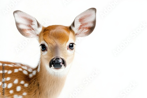 Adorable fawn with distinctive spots on a white isolated background.