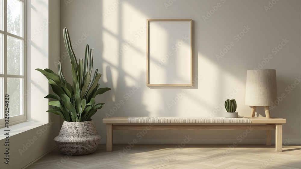 Mockup Template over a wooden bench in coastal boho style. Wooden bench with a mockup Frame for poster. Royal VIP cool bedroom australian interior design. Bohemian luxury Minimalistic room render. Mockup Template over a wooden bench in coastal boho style. Wooden bench with a mockup Frame for poster. Royal VIP cool bedroom australian interior design. Bohemian luxury Minimalistic room render.