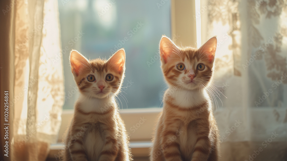 Two cats, loving mother and kitten sitting in front of the window. Two cats, loving mother and kitten sitting in front of the window. Cool realistic ad. Domestic animal services promotion. Two cats, loving mother and kitten sitting in front of the window. Two cats, loving mother and kitten sitting in front of the window. Cool realistic ad. Domestic animal services promotion.