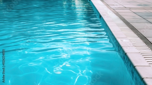 Close-up view of a swimming pool with clear blue water and reflective surface under sunlight, next to a tiled pool deck.