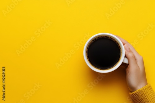 A hand holding a steaming cup of coffee against a bright yellow background in...