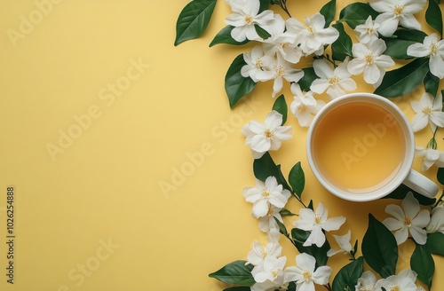A serene cup of tea surrounded by delicate flowers on a bright yellow background