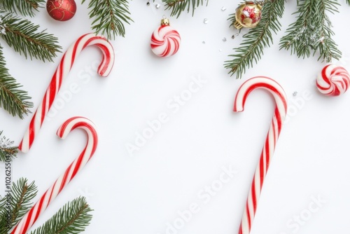 Christmas candy canes and festive decorations on a white background. photo