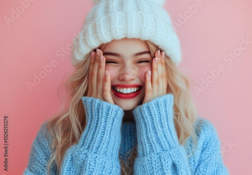 Young woman with blonde hair wearing a cozy sweater and hat, smiling against ...