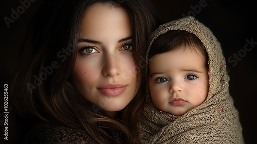 close up of a mother holding a newborn baby, dramatic and poetic light, darkened background. Ultra-Realistic, Photo Realistic,  photo