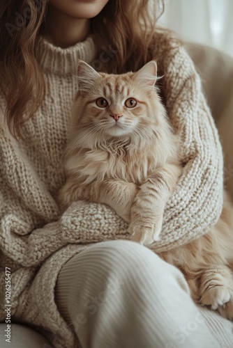A cozy moment with a fluffy orange cat in a warm sweater at home on a chilly day