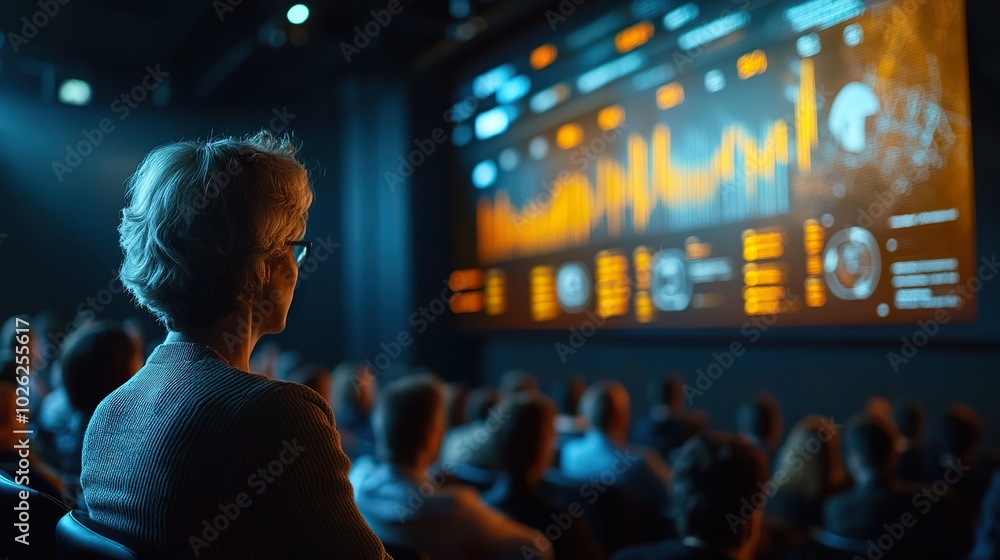 Business Presentation: Speaker Addressing Attentive Audience with Data Visualizations Business Presentation: Speaker Addressing Attentive Audience with Data Visualizations