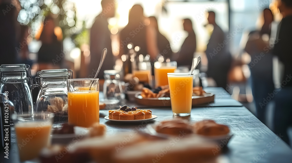 Breakfast setup on a table with juice, pastries, and people mingling in the background, highlighting social gatherings. Concept of community, hospitality, and morning. Breakfast setup on a table with juice, pastries, and people mingling in the background, highlighting social gatherings. Concept of community, hospitality, and morning.