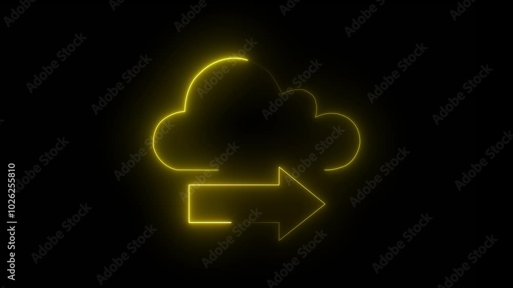 right Glowing neon upload cloud Arrow animation on black background yellow color icon. right Glowing neon upload cloud Arrow animation on black background yellow color icon.