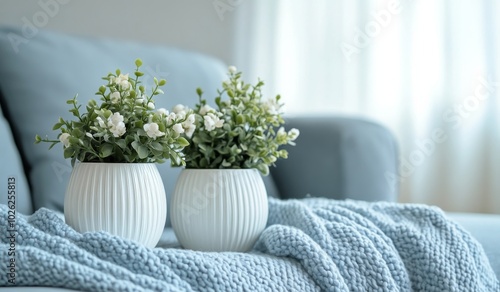 Cozy blue sofa with soft pillows and decorative plants in a bright and minima...