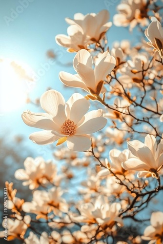 Blossoming magnolia flowers under bright sunlight in a serene spring garden