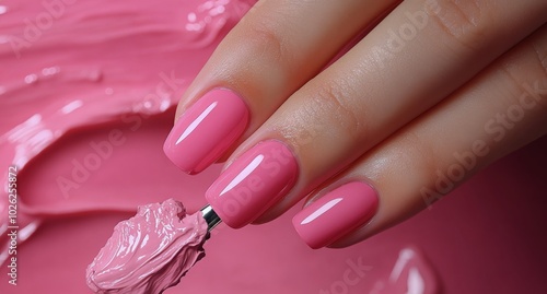 Bright pink nail polish application with a brush in a beauty studio