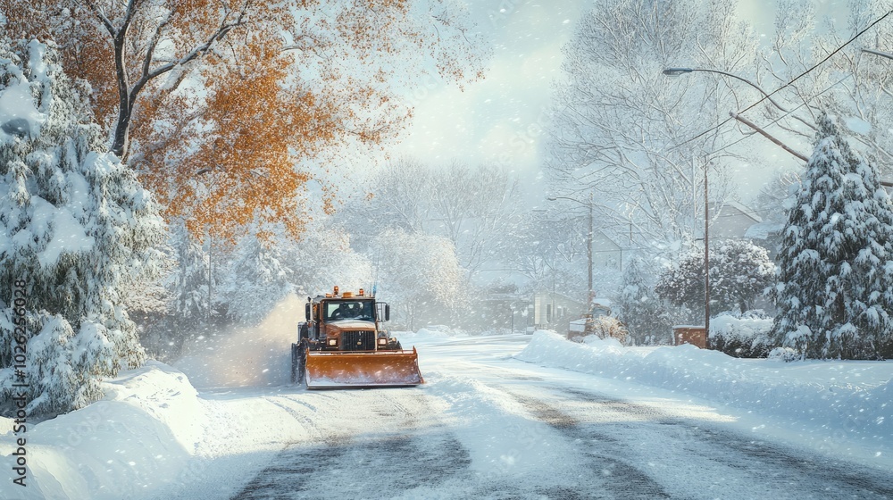 A snowplow clears a thick layer of snow from a road, with snow-covered trees lining the street and fresh snowfall adding A snowplow clears a thick layer of snow from a road, with snow-covered trees lining the street and fresh snowfall adding