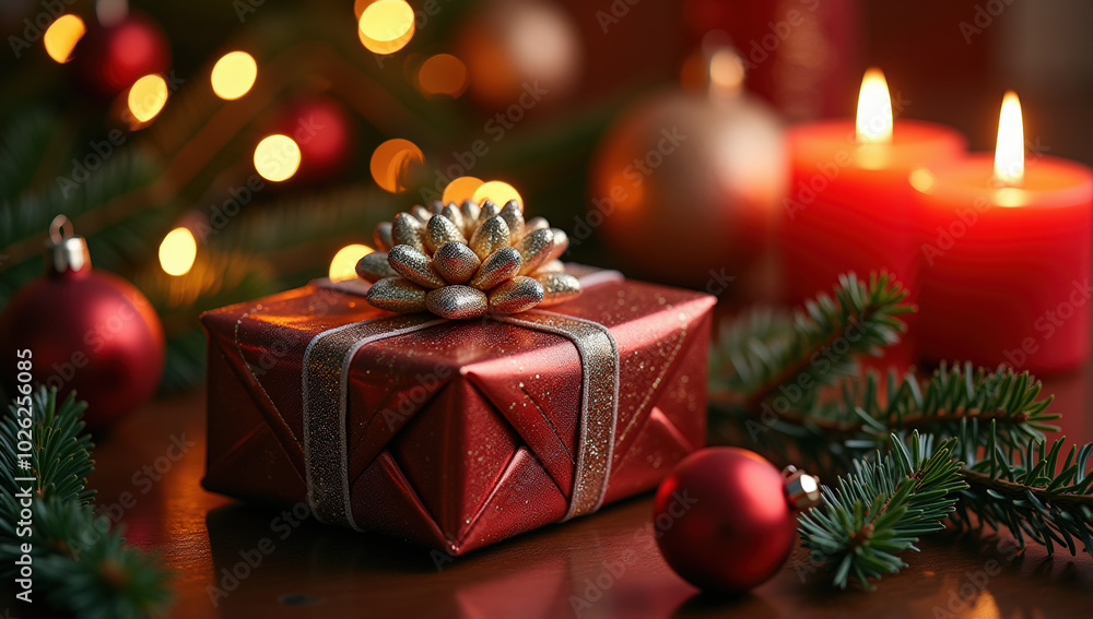 Festive Red Gift Box With Pinecone Decoration and Candles by Christmas Tree Festive Red Gift Box With Pinecone Decoration and Candles by Christmas Tree