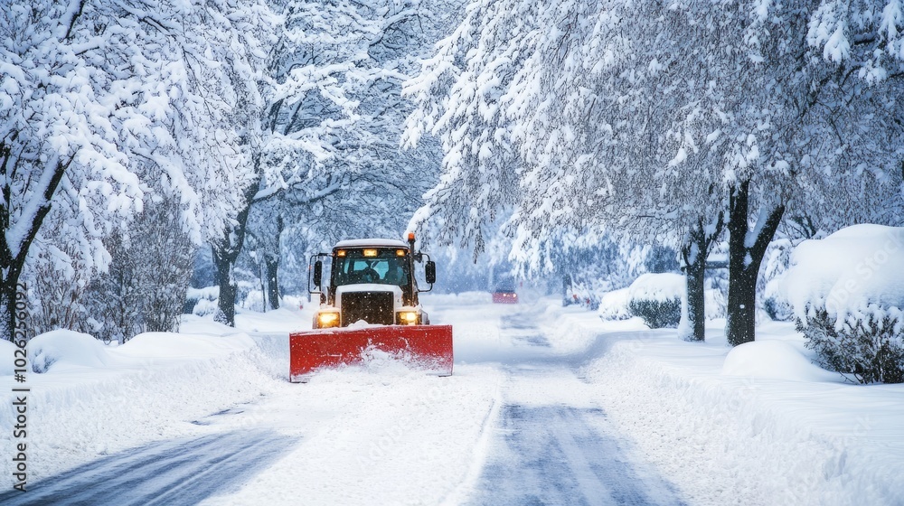 A snowplow clears a thick layer of snow from a road, with snow-covered trees lining the street and fresh snowfall adding A snowplow clears a thick layer of snow from a road, with snow-covered trees lining the street and fresh snowfall adding