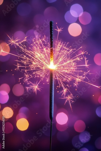 A sparkler emitting stunning lights against a purple background during a cele...