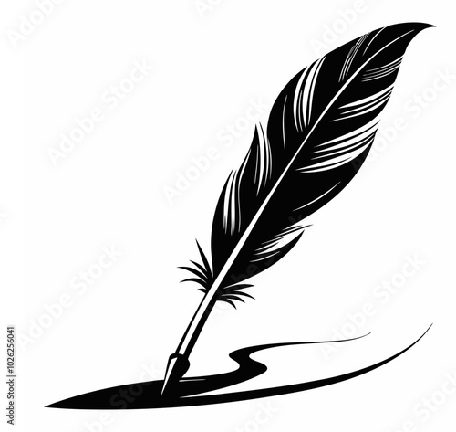 Vector illustration of stationery writing Feather and Ink pen signature, silhouette bird feather Ink quill pen writing curves, and icon.