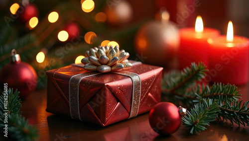 Festive Red Gift Box With Pinecone Decoration and Candles by Christmas Tree