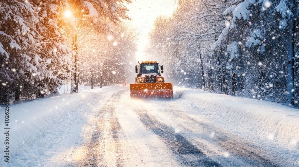 A snowplow clears a thick layer of snow from a road, with snow-covered trees lining the street and fresh snowfall adding A snowplow clears a thick layer of snow from a road, with snow-covered trees lining the street and fresh snowfall adding