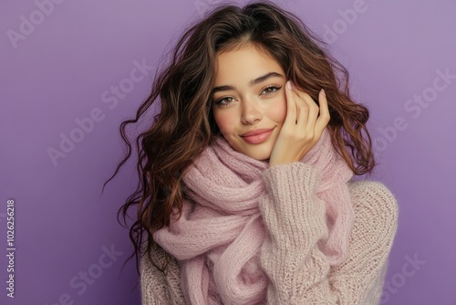 Young woman with curly hair wearing a cozy scarf poses against a purple backg...