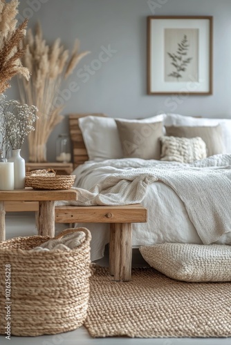 Cozy bedroom with natural decor, warm tones, and textured materials inviting ...