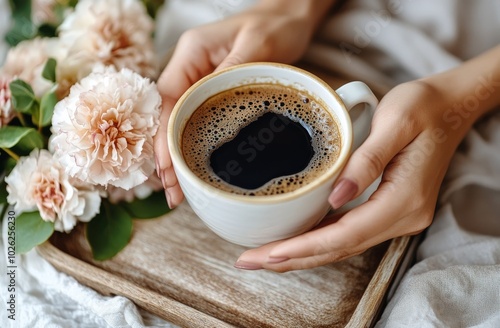 A cozy morning with coffee and fresh flowers on a wooden tray
