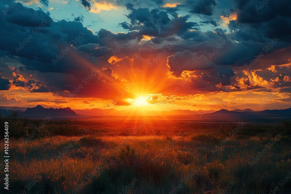 Dramatic sunset over a vast desert landscape, with the sun breaking through dark clouds and casting golden light on the land below. Dramatic sunset over a vast desert landscape, with the sun breaking through dark clouds and casting golden light on the land below.