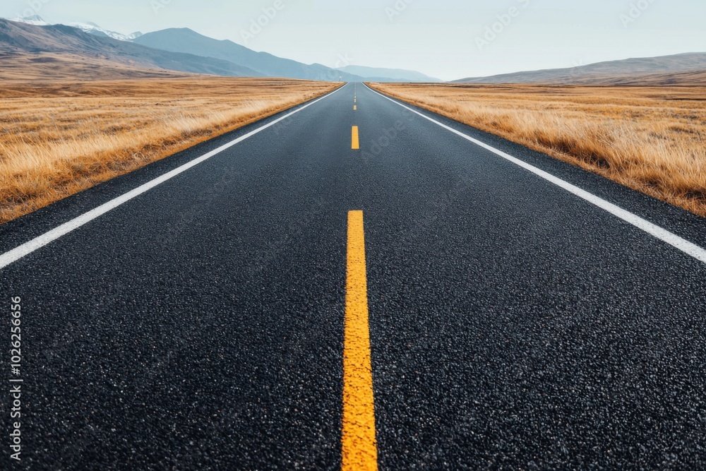 Endless straight road stretching into the horizon, surrounded by fields and mountains. Endless straight road stretching into the horizon, surrounded by fields and mountains.