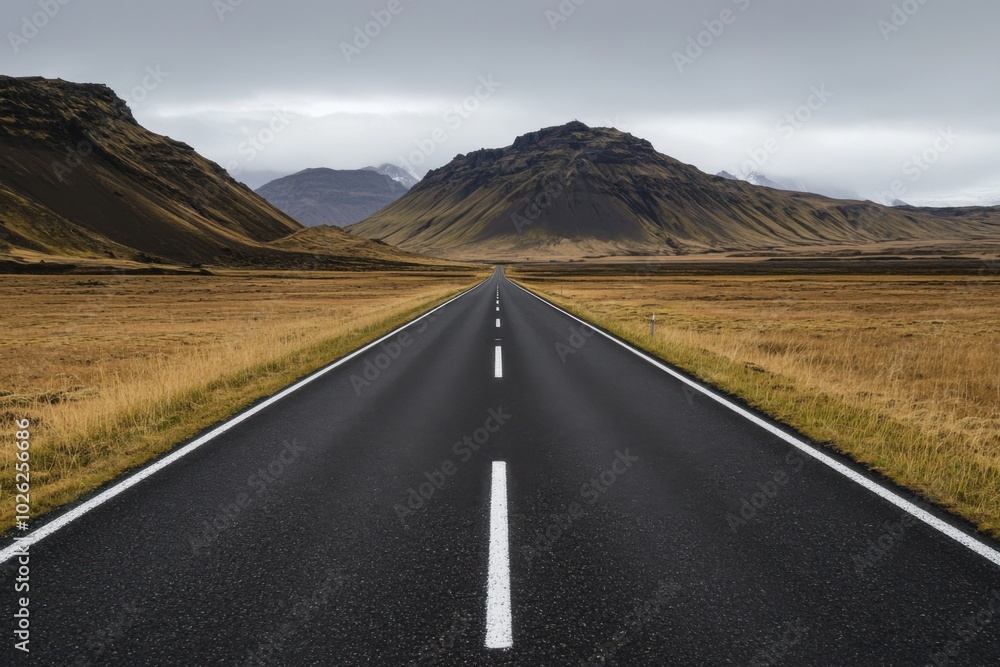 Empty road leading through dramatic mountains under a moody sky. Empty road leading through dramatic mountains under a moody sky.