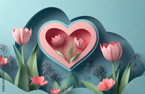 Beautiful paper art collage of pink tulips forming a heart on a blue background