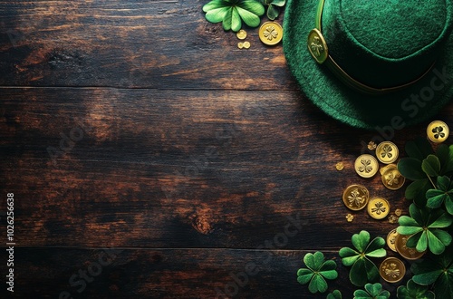 Decorative green hat with shamrocks and gold coins for St. Patricks Day celeb...