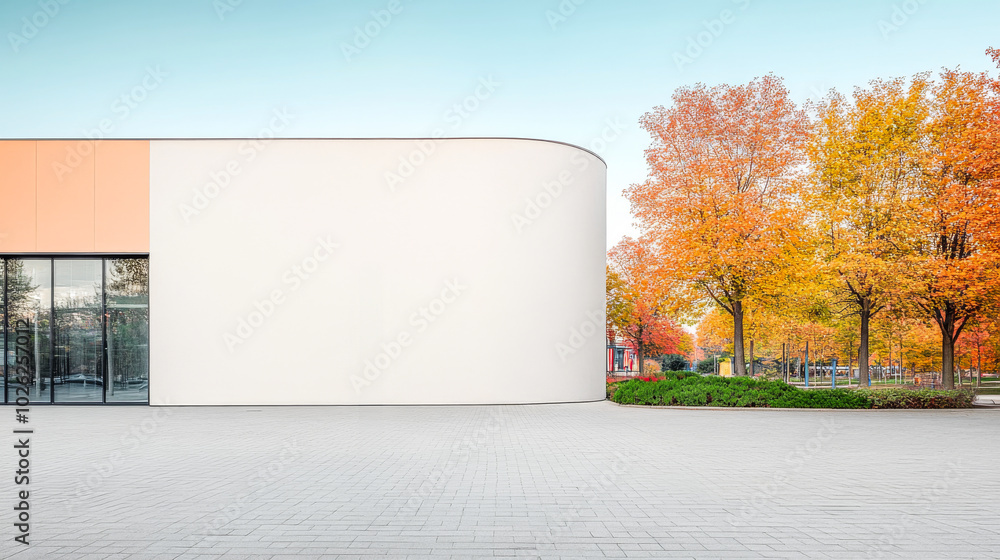 Modern architecture contrasts with vibrant autumn foliage in a tranquil urban setting Modern architecture contrasts with vibrant autumn foliage in a tranquil urban setting