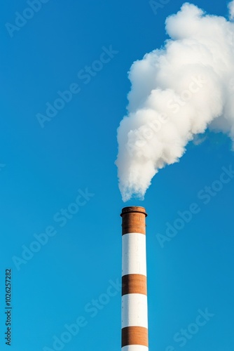 Industrial smokestack releasing white smoke against a clear blue sky.