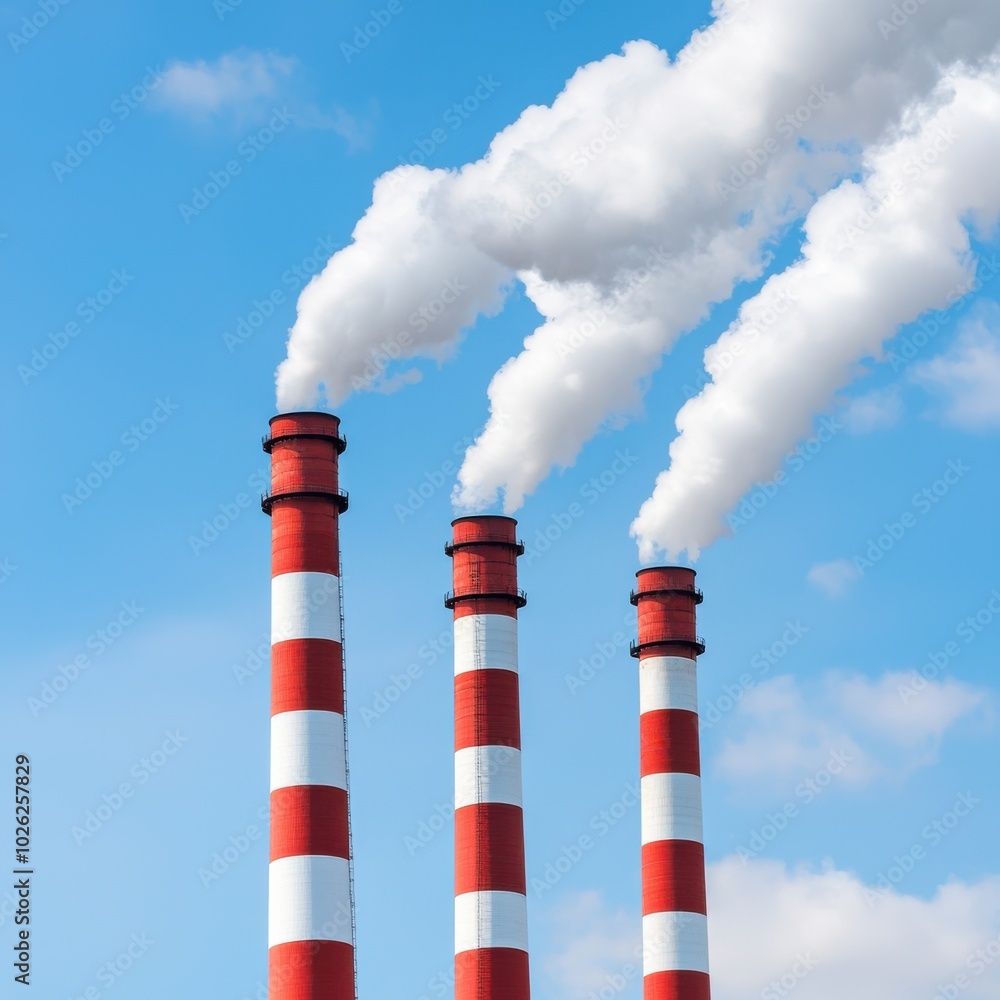 Industrial smokestacks emitting white smoke against a blue sky. Industrial smokestacks emitting white smoke against a blue sky.