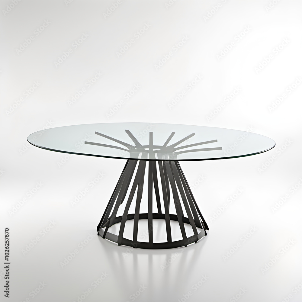 A contemporary dining table with a glass top and a unique metal base, offering a sleek and airy feel, isolated on a white background. A contemporary dining table with a glass top and a unique metal base, offering a sleek and airy feel, isolated on a white background.