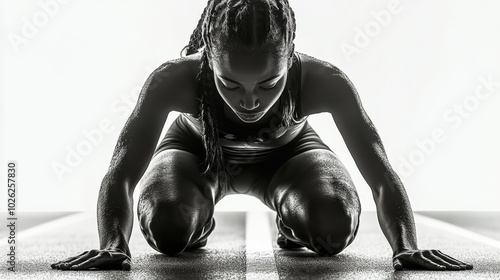 Athlete in starting position, preparing for a sprint on a track with intense ...