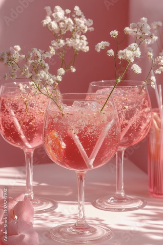 Refreshing pink drinks with flowers in elegant glasses on a soft pink background