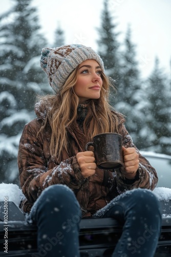 A young woman enjoying hot drinks in the snowy forest during winter