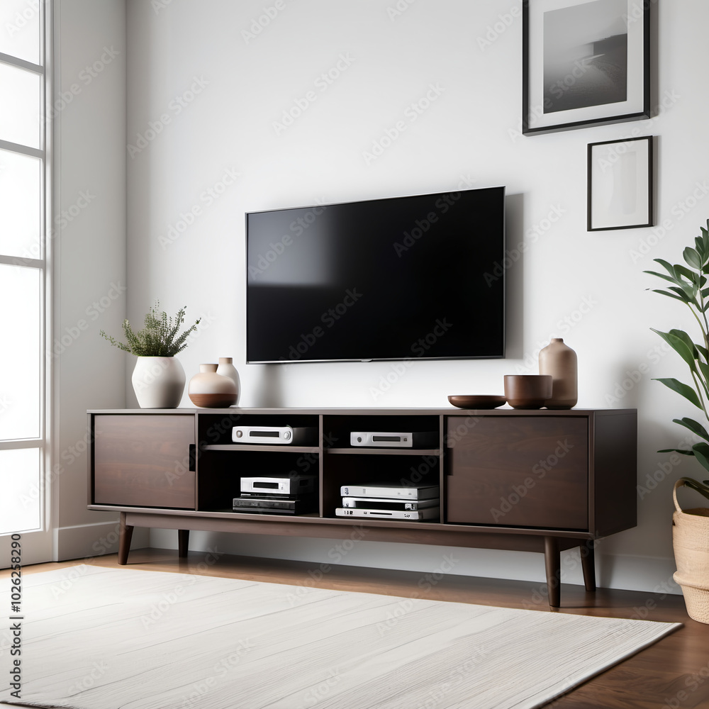A low-profile TV stand with open shelving and closed storage compartments, featuring a minimalist design in a dark wood finish, isolated on a white background. A low-profile TV stand with open shelving and closed storage compartments, featuring a minimalist design in a dark wood finish, isolated on a white background.